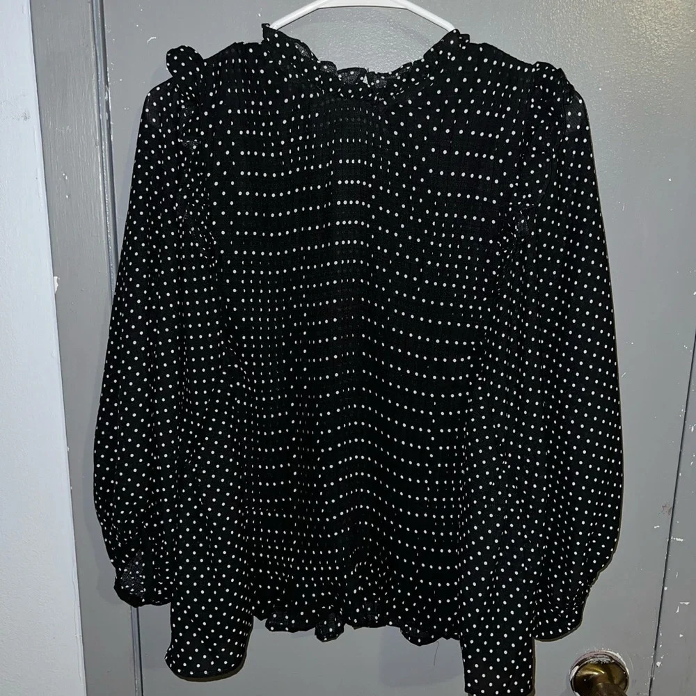 MUSTARD seed size medium black with white dots pleated shirt with ruffles.